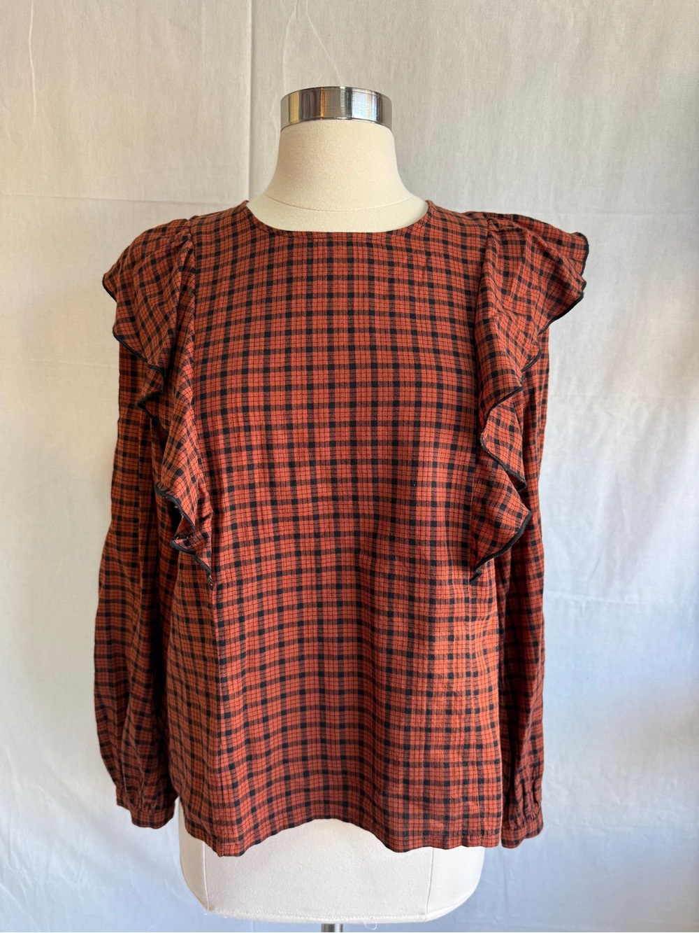 Madewell Rust and Black Plaid Ruffle Shoulder Blouse